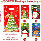 QIFU 50 Pcs Christmas Gift Bags with Handles - 4 Styles Christmas Trees Santa Claus Snowman Elk Plastic Bulk Treat Tote Cookie Goody Candy Snack Bags for Winter Xmas Holiday Party Decorations Favors