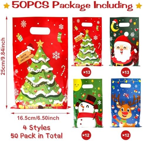 QIFU 50 Pcs Christmas Gift Bags with Handles - 4 Styles Christmas Trees Santa Claus Snowman Elk Plastic Bulk Treat Tote Cookie Goody Candy Snack Bags for Winter Xmas Holiday Party Decorations Favors