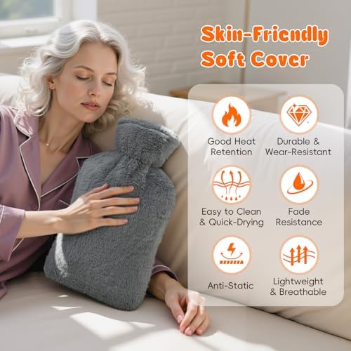 Dawdix 2L Natural Rubber Hot Water Bottle with Cover, Leakproof Design for Hot & Cold Compress, Ideal for Menstrual Cramps/Hand & Feet Warmer/Neck & Shoulder Pain Relief, Ultra-Soft Touch, Gray