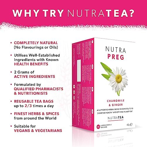 NUTRAPREG - Pregnancy Tea | Morning Sickness Tea - Help Ease Nausea & Support Mothers Wellbeing - Includes Ginger, Peppermint & Chamomile - 40 Enveloped Tea Bags - by Nutra Tea - Herbal Tea - (2 Pack)
