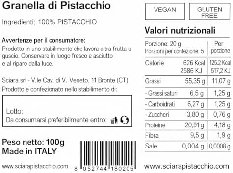 Sciara Chopped Pistachios – Sicilian Unsalted Pistachio Nuts from Bronte Italy – Premium Crushed Pistachios for Baking & Topping – Glass Jar 100g (3.5 oz)