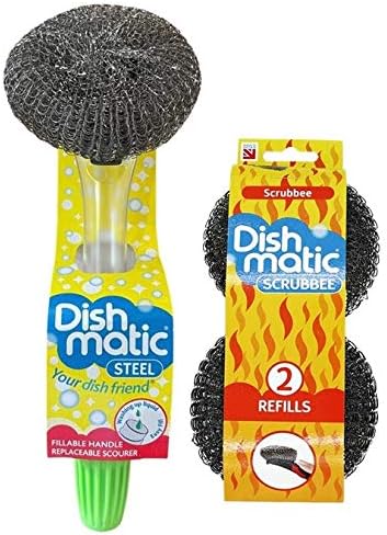 Easy Do Dish Matic Fillable Dish Wand Brush with Handle for Dishwashing | Soap Dispensing Steel Scrubber for Utensils | Fillable and Refillable Dishwashing Tool with Stainless Steel Scrub Refill