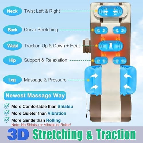 Full Body Massage Mat, 3D Body Stretching Back Massager with Heat, Lumbar Stretching & Neck Support for Bed Sofa Floor, 4 Modes 3 Intensities, Portable & Foldable, PU Leather, Gifts for Mom Dad
