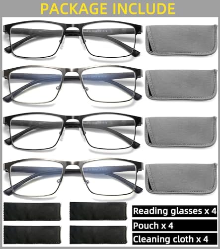 4-Pack Mens Reading Glasses Blue Light Blocking,Spring Hinge Stylish Metal Full Frame Readers for Men Anti Glare Filter Eyeglasses +2.50