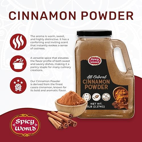 Spicy World Cinnamon Powder 5 LB Jar - Lab Tested for Lead - Ground Cassia Cinnamon Bulk, Great Authentic Spice for Coffee, Tea, Baking & Oatmeal, Rich Flavor & Aroma