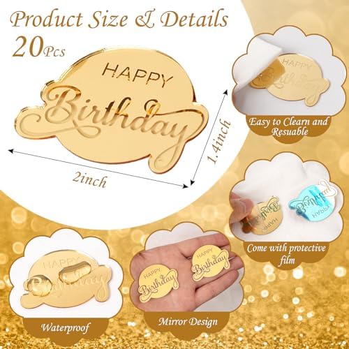 20 Pcs Mirror Acrylic Happy Birthday Cupcake Toppers Gold Happy Birthday Cake Topper Engraved Cake Picks for DIY Birthday Gift Flower Bouquet Pastries Desserts Decor