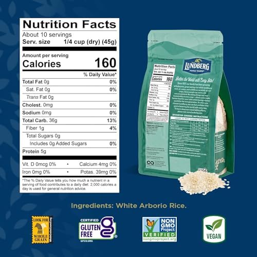 Lundberg White Arborio Rice - Short-Grain White Rice, Creamy Texture for Making Risotto, Rice Pudding, Healthy Food Recipes, Vegan Food, Gluten-Free Rice Grown in California, 32 Oz
