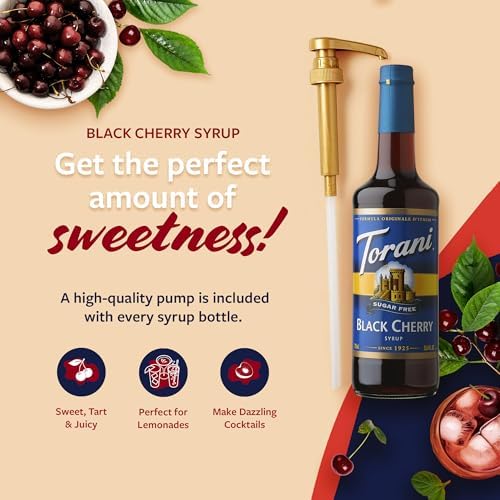 Torani Sugar Free Syrup, Black Cherry Flavored Syrup for Drinks, Zero Calorie, Glass Bottle with Pump Included, 25.4 Fl Oz