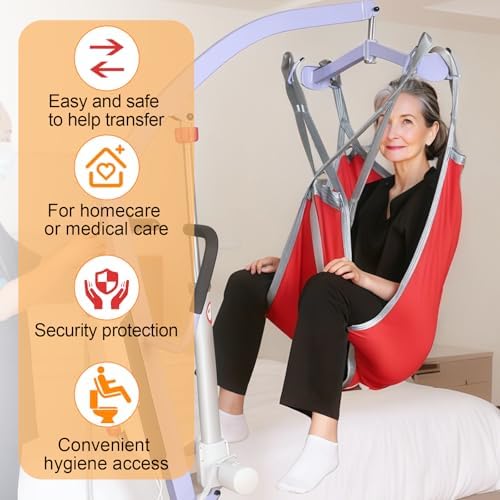 Patient Lift Divided Leg Sling – Heavy Duty 500 lbs Capacity, Easy Hygiene Access with Handles & Pocket, Machine Washable – Small/Medium/Large for Elderly, Disabled & Bariatric Care (Red, L)