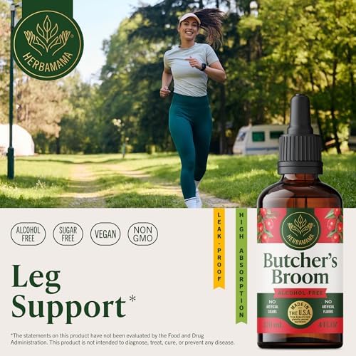 HERBAMAMA Butcher's Broom Root Drops - Vegan Leg Support with Ruscus Aculeatus Extract Tincture - Non-GMO, Alcohol & Sugar-Free Butcher's Broom Supplement, 84-Day Supply