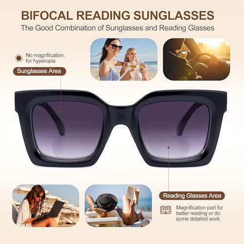 Bifocal Reading Sunglasses for Women Spring Hinge Outdoor Readers Glasses UV400 Protection, Glossy Black, 3.0