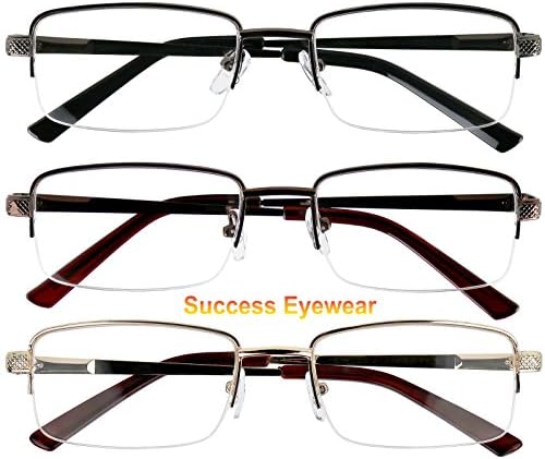 Success Eyewear Reading Glasses Set of 3 Half Rim Metal Glasses for Reading Quality Spring Hinge Readers Men and Women