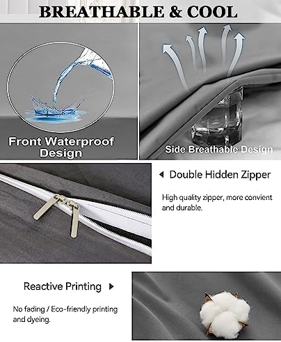 WYFKYMXX Waterproof Duvet Protector Cover Queen Gray Cotton Breathable Waterproof Protective Cover Reusable Comforter Protector with Zipper Closer Corner Ties for Kids,Elder,Dog, Cat. (Grey,King)