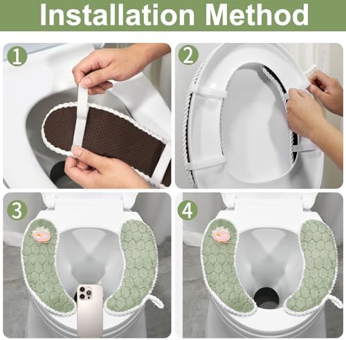Toilet Seat Cover Bathroom Toilet Seat Cushion Toilet Seat Warmer with Handle, Washable and Reusable Toilet Seat Pads for Winter, Fits All Toilet Seats, 2 Pairs, Green