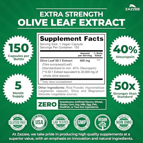 Zazzee Extra Strength Olive Leaf 50:1 Extract, 40% Oleuropein, 150 Vegan Capsules, 5 Month Supply, Olea Europaea, Mediterranean Source, Potent Antioxidant & Immune Support, Non-GMO, Made in the USA