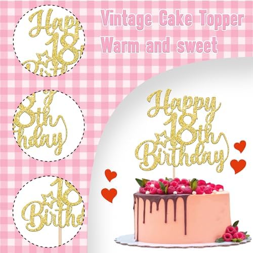 Rsstarxi 1 Pack Happy 18th Birthday Cake Topper Star Glitter Gold Fabulous 18 Birthday Cheers to 18 Years Old Cake Pick Decoration for 18th Birthday Theme Celebrating Party Cake Decorations