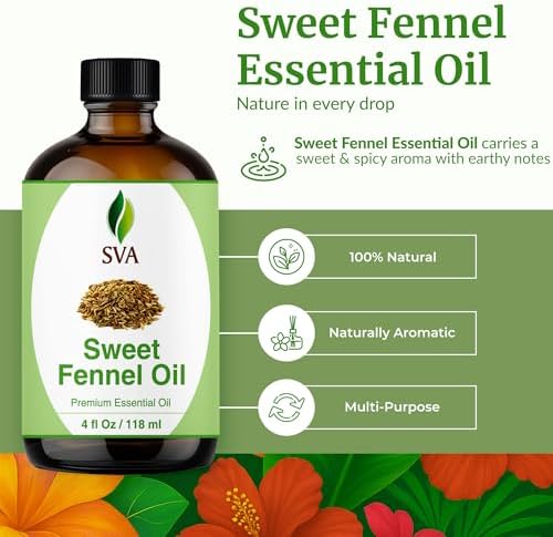 SVA Sweet Fennel Essential Oil – 4 Fl Oz – 100% Natural Fennel Oil - for Diffuser, Hair Care, Face, Skin Care, Aromatherapy, Scalp and Body Massage, Soap and Candle Making – with Dropper