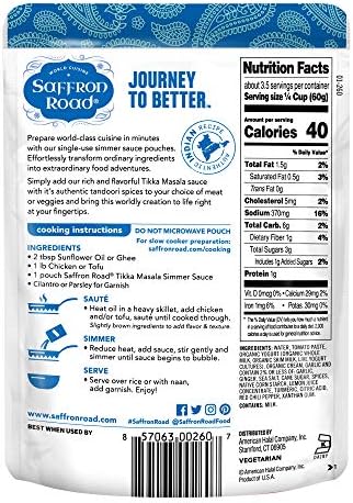 Saffron Road Tikka Masala Simmer Sauce | Globally Inspired Simmer Sauce | Gluten-free, Vegetarian, Non-GMO, and Certified Halal and Kosher | 7.0oz Pouch | Pack of 4