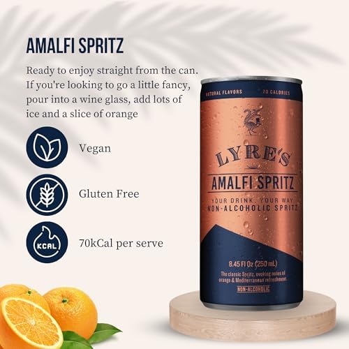 Lyre’s Amalfi Spritz 4-Pack, Ready to Drink Non-Alcoholic Sparkling Mocktail, Award-Winning Zero Proof Italian Aperitif and Non Alcoholic Prosecco, 70 Calories per Can (8.45 Fl Oz x 4)