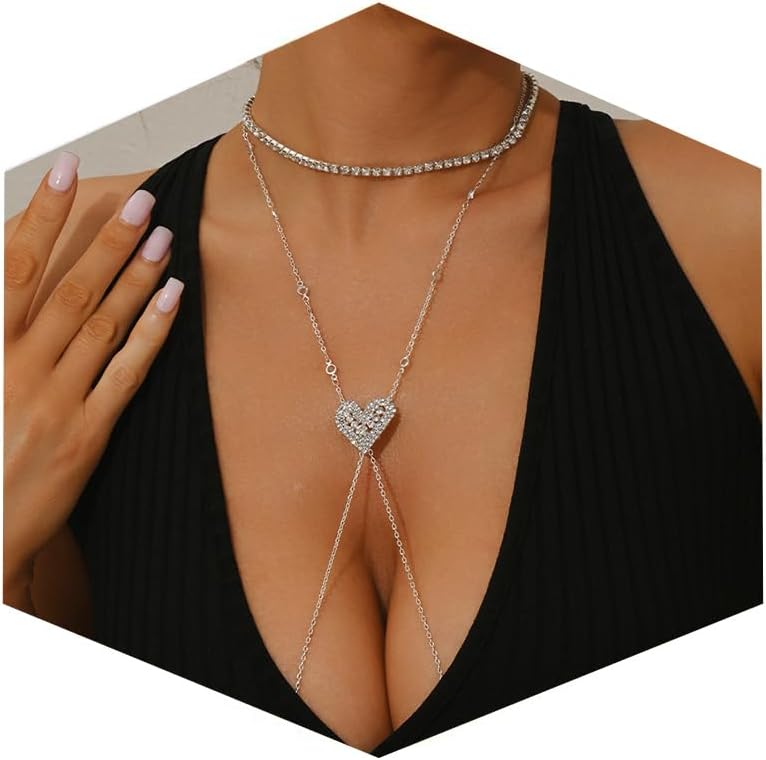 Heart Nipple Clamps with Chain Necklace Choker Non Piercing Fake Nipple Rings Silver Bra Body Chain Jewelry for Women