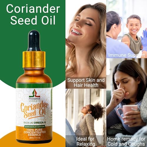 Pure Coriander Seed Oil, Cilantro 100% Pure Natural Cold-Pressed Essence Oil, Vegan Plant-Based Omega-6 Fatty Acids, Glass Bottle, 30ml (1oz)