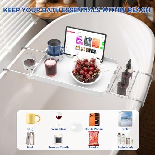 Bathtub Tray for Large Soaking Tub Table Tray Expandable Tub Shelf for Bathtub Caddy Bath Shelf Over Tub Luxury Bath Board Book Holder with Removable 2 Cup Holder Phone Metal Shower Caddy Basket White
