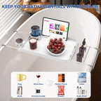 Bathtub Tray for Large Soaking Tub Table Tray Expandable Tub Shelf for Bathtub Caddy Bath Shelf Over Tub Luxury Bath Board Book Holder with Removable 2 Cup Holder Phone Metal Shower Caddy Basket White
