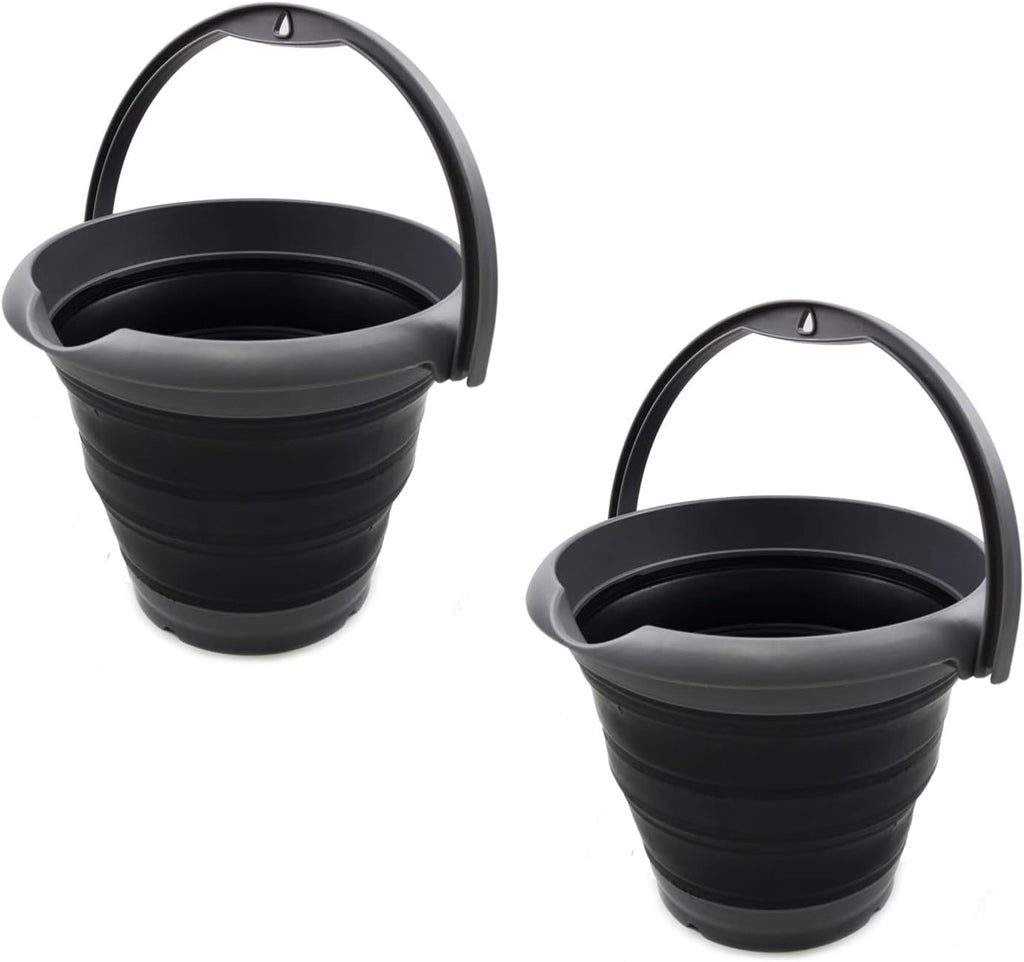 SAMMART Set of 2-5L (1.32Gallon) Collapsible Fishing Bucke - Foldable Round Tub - Portable Plastic Water Pail - Space Saving Outdoor Waterpot(2, Grey/Black)
