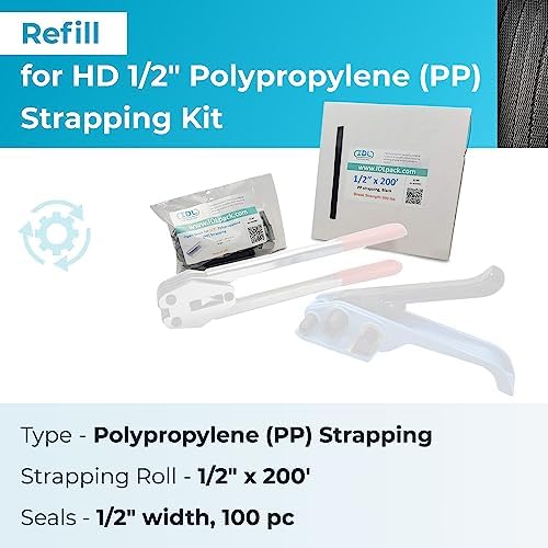 IDL Packaging Refill for Portable 1/2" Polypropylene (PP) Strapping Kits - 1/2" x 200' Polypropylene Strapping Coil with 600 lbs Break Strength and 100 of 1/2" Open Seals