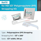 IDL Packaging Refill for Portable 1/2" Polypropylene (PP) Strapping Kits - 1/2" x 200' Polypropylene Strapping Coil with 600 lbs Break Strength and 100 of 1/2" Open Seals