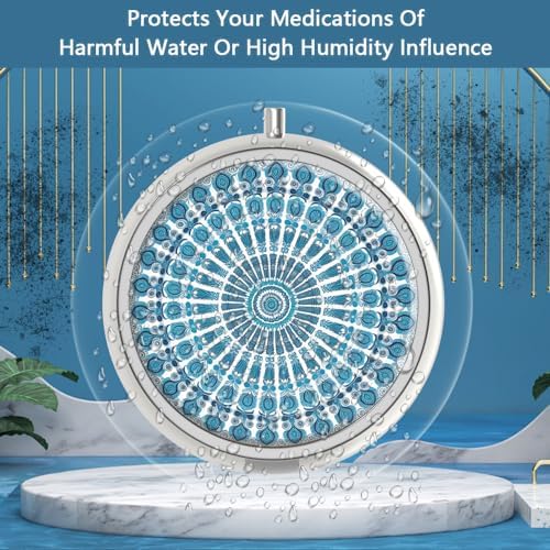 Pill Box 3 Compartment Medicine Pill Case,Portable Pill Box for Pocket or Purse Pill Box Decorative Metal Medicine Vitamin Organizer Unique Gift(Peacock Sky Blue)