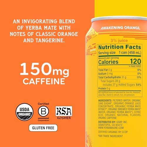 Yerba Madre Organic Yerba Mate, Awakening Orange, 150mg Natural Caffeine, Energy Drink Alternative, No Jitters or Crash, 15.5 Oz Cans (Pack of 12)