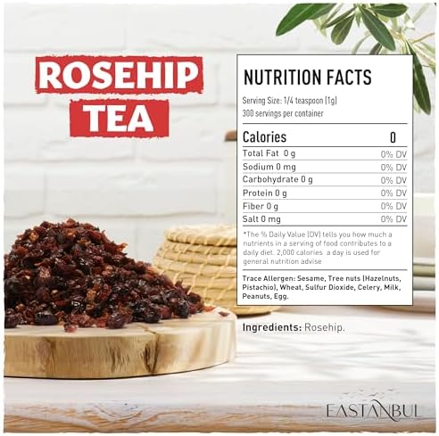 Eastanbul Rosehip Tea, 10.5oz, Rose Hips with Hibiscus, Loose Leaf Tea, Rosehips & Hibiscus Flowers, Mediterranean Dried Herbs, Natural, Vegan, Gluten Free, Caffeine Free, Non GMO