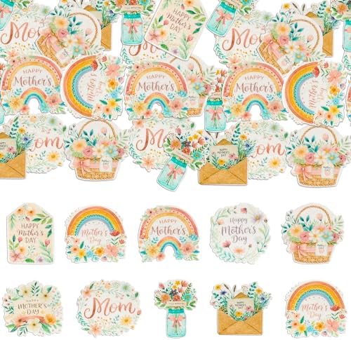 Ephlyn 54Pcs Edible Happy Mother's Day Cupcake Toppers Rainbow Love Mom Cake Drink Topper Picks Flowers Cake Decoration for Mom's Birthday Party Cake Decor Supplies Pink