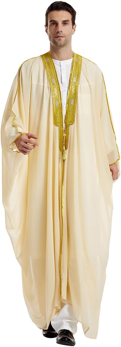 Muslim Thobe for Men Kaftan Robe Ramadan Abaya Prayer Dress Chiffon Open Front Embroidered Cardigan Islam Dubai Thobe Kimono