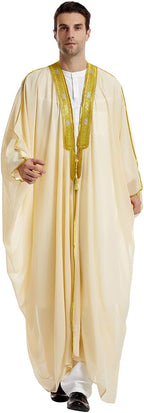 Muslim Thobe for Men Kaftan Robe Ramadan Abaya Prayer Dress Chiffon Open Front Embroidered Cardigan Islam Dubai Thobe Kimono