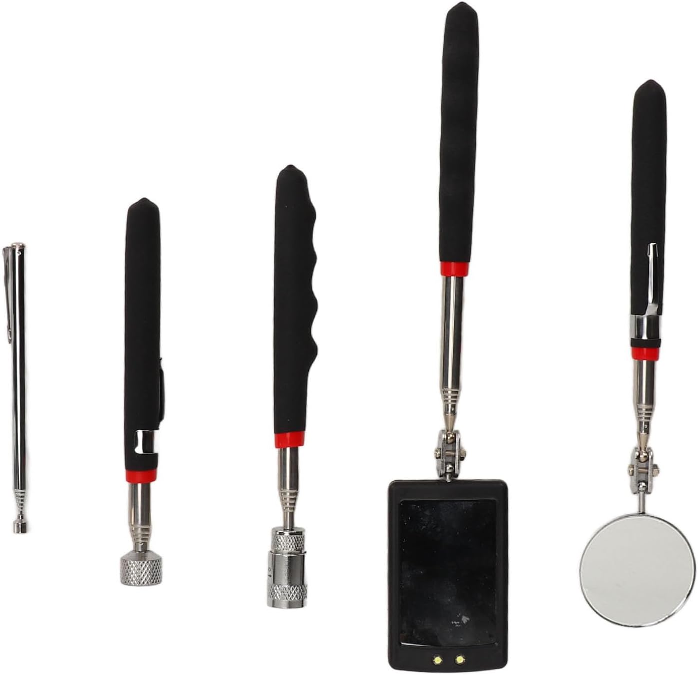 Acouto Telescopic Magnetic Grabber Tool Set with LED & Round Inspection Mirrors, 15lb 8lb .5lb Rods for Vehicle Repair & Maintenance