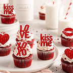 50 PCS Edible Valentine's Day Cupcake Toppers with Lips Wafer Paper Red XOXO Love Kiss Me Be Mine Cupcake Picks Edible Valentine's Day Party Decorations for Love Hearts Theme Party Supplies