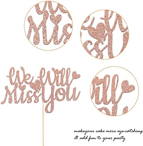 1 Pack We Will Miss You Cake Topper Glitter Red Love Heart Good Luck Cake Pick Retirement Theme Going Away Party Cake Decorations Rose Gold