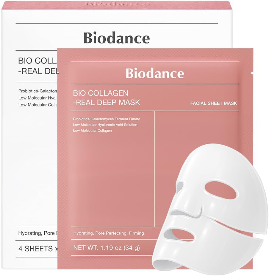 BIODANCE Bio-Collagen Real Deep Mask, Hydrating Overnight Hydrogel Face Mask, Pore Minimizing, Elasticity, Plumping, Travel Essentials & Self Care Gifts for Women, Korean Skin Care | 1.19oz(34g) x 4ea
