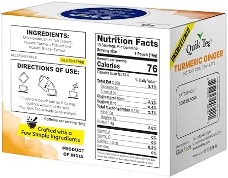 QuikTea Turmeric Ginger Unsweetened Chai Tea Latte – 10 Count, Bold Turmeric Ginger Flavor, no preservatives, No Sugar Added – Just Add Hot Water