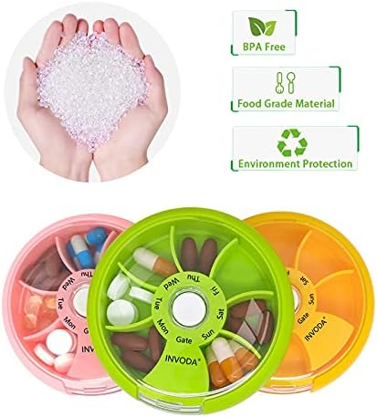 3PCS Pill Box 7 Day Travel Medicine Organizer Portable Pill Container Rotating Weekly Pill Organizer Round Cute Pill Case Fish Oil Vitamins Holder
