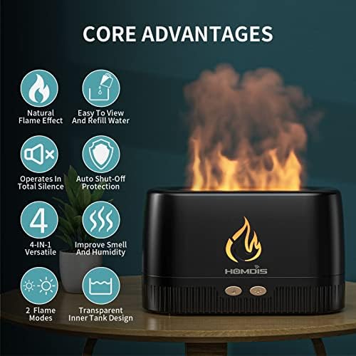 Essential Oil Diffusers, Quiet Flame Diffuser, 7 Colors Modes Changed Light Flame Humidifer, Auto Shut Off Aromatherapy Diffuser, Black