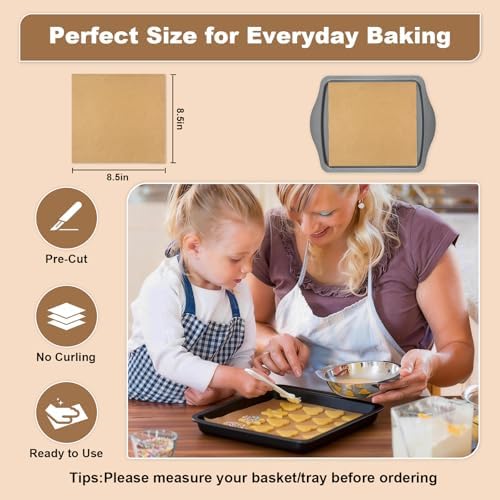 Parchment Paper Sheets, 220 Pcs Air Fryer Liners 8.5x8.5 Inch, Baking Paper Sheets, Non-Stick Precut Unbleached Parchment Paper, Oil and Water Resistant for Cookies, Bread, Cakes, Steaming, Grilling