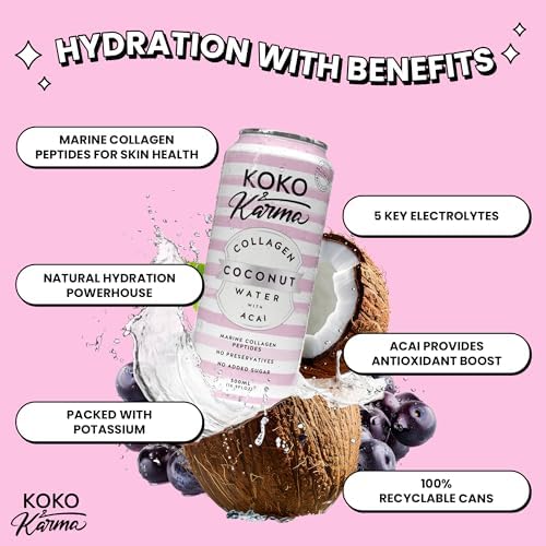 Koko & Karma - Collagen Coconut Water with Acai - Marine Collagen Peptides with No Preservatives and No Added Sugar - 12 Pack - 16.9 Ounce Cans