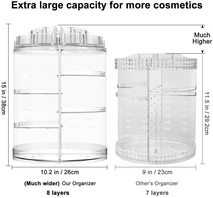 AMEITECH Makeup Organizer, 360 Degree Rotating Adjustable Cosmetic Storage Display Case with 8 Layers Large Capacity, Fits cosmetics, Makeup Brushes, Lipsticks and More, Clear
