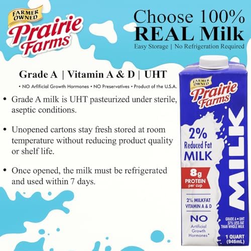Prairie Farms Milk 2% Percent, Shelf Stable, Reduced Fat, Boxed & Ulta Pasteurized (UHT), Vitamin D White Milk - Preservative and Hormone Free, Gluten Free, Kosher, Made in USA - 1 Quart (4 Pack)