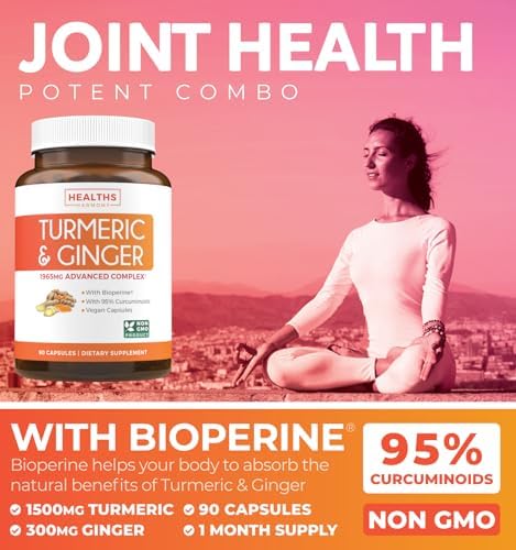 Turmeric and Ginger Supplement (Non-GMO) 1980mg Serving - Turmeric Curcumin with Black Pepper Bioperine, Ginger Extract, and 95% Curcuminoids Powder - Tumeric Joint Support Supplement - 90 Capsules