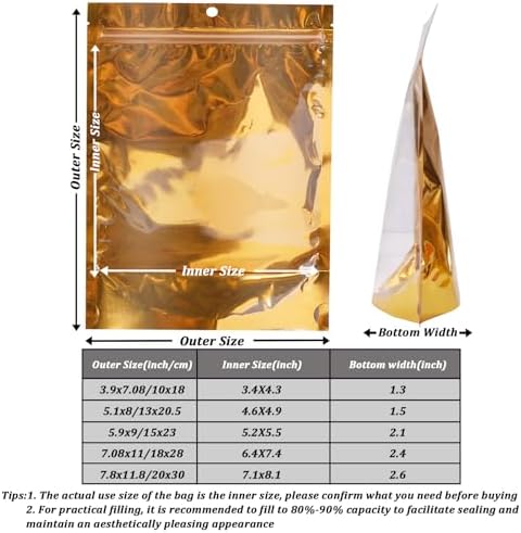 100 Pack Mylar Bags for Food Storage Resealable Aluminum Foil Stand Up Pouch with Window & Hang Hole 3.94×7.08 Inch Reusable Zipper Lock Food Packaging Heat Seal Bags for Small Business & Home - Gold