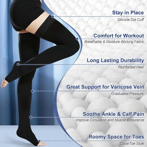 Beister Medical Thigh High Compression Stockings with Silicone Band for Women & Men, 20-30 mmHg Open Toe Graduated Support Socks, Compression Hoses for Varicose Veins, Edema, Flight, DVT, Leg Pain